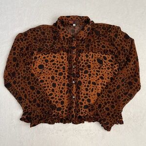 Nadya | Button Front Ruffle Bead Detail Animal Print Blouse Handmade in Bali (S)